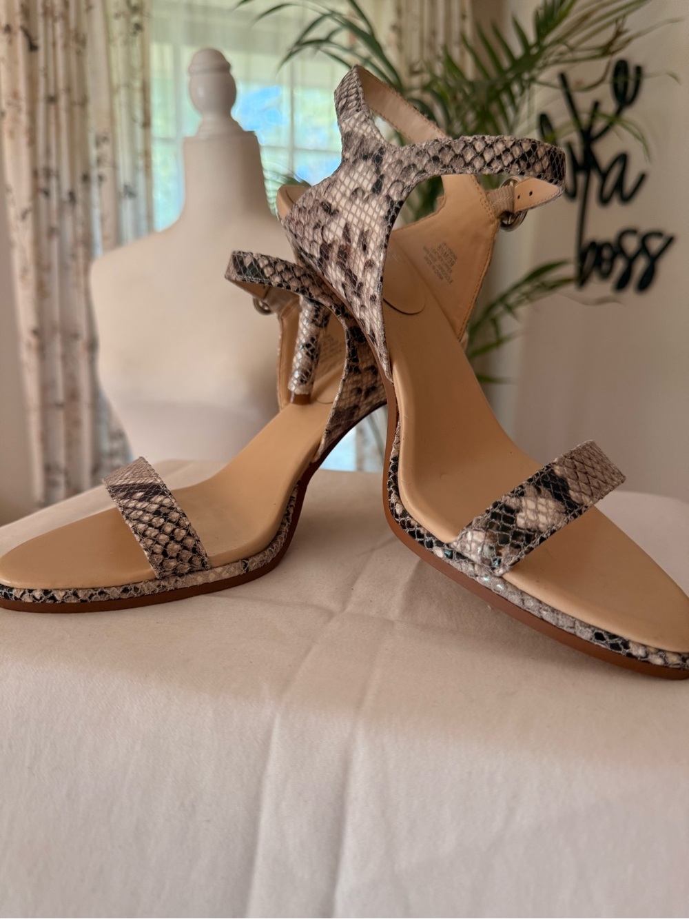 Vince Camuto Snake-Print Strappy Mid-Heel Sandals - Neutral